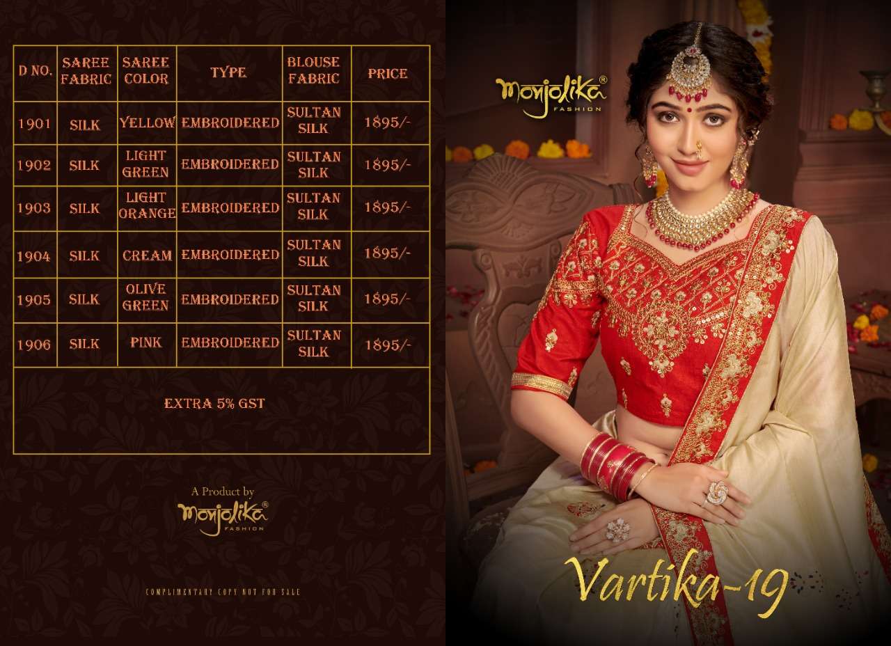 VARTIKA VOL-19 BY MONJOLIKA 1901 TO 1906 SERIES INDIAN TRADITIONAL WEAR COLLECTION BEAUTIFUL STYLISH FANCY COLORFUL PARTY WEAR & OCCASIONAL WEAR SILK EMBROIDERED SAREES AT WHOLESALE PRICE