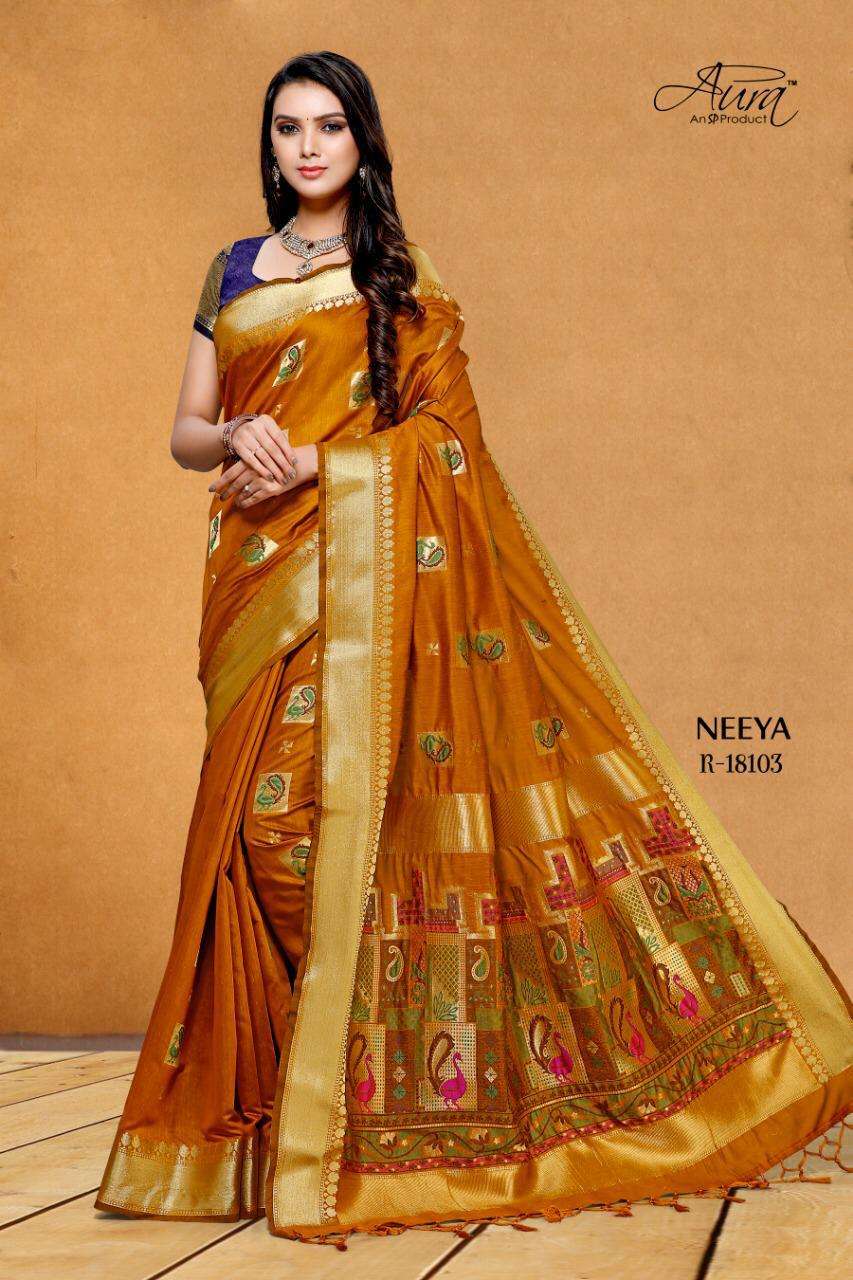 NEEYA BY AURA 18101 TO 18106 SERIES INDIAN TRADITIONAL WEAR COLLECTION BEAUTIFUL STYLISH FANCY COLORFUL PARTY WEAR & OCCASIONAL WEAR PURE COTTON SILK SAREES AT WHOLESALE PRICE