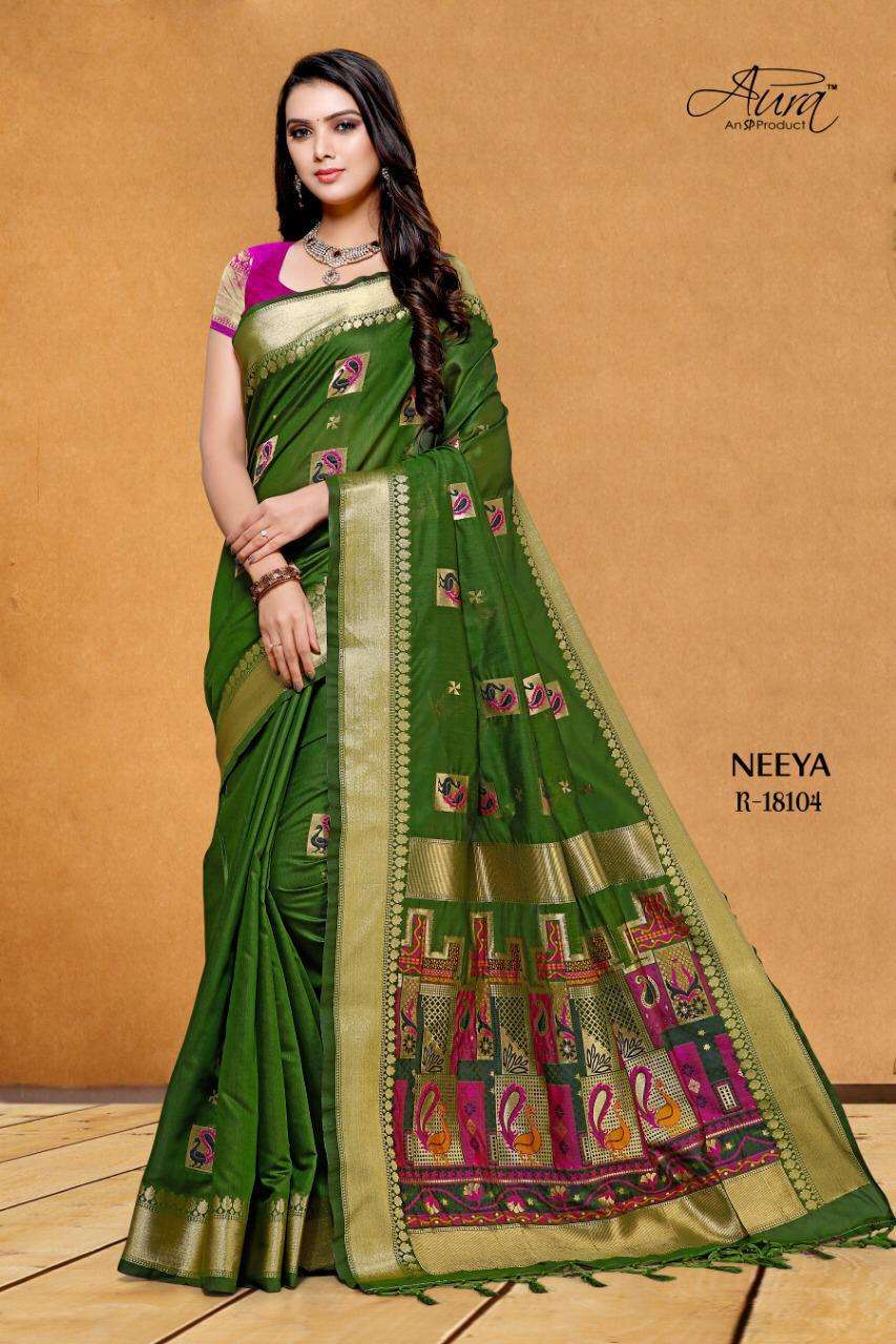 NEEYA BY AURA 18101 TO 18106 SERIES INDIAN TRADITIONAL WEAR COLLECTION BEAUTIFUL STYLISH FANCY COLORFUL PARTY WEAR & OCCASIONAL WEAR PURE COTTON SILK SAREES AT WHOLESALE PRICE