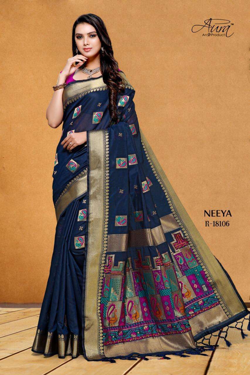 NEEYA BY AURA 18101 TO 18106 SERIES INDIAN TRADITIONAL WEAR COLLECTION BEAUTIFUL STYLISH FANCY COLORFUL PARTY WEAR & OCCASIONAL WEAR PURE COTTON SILK SAREES AT WHOLESALE PRICE
