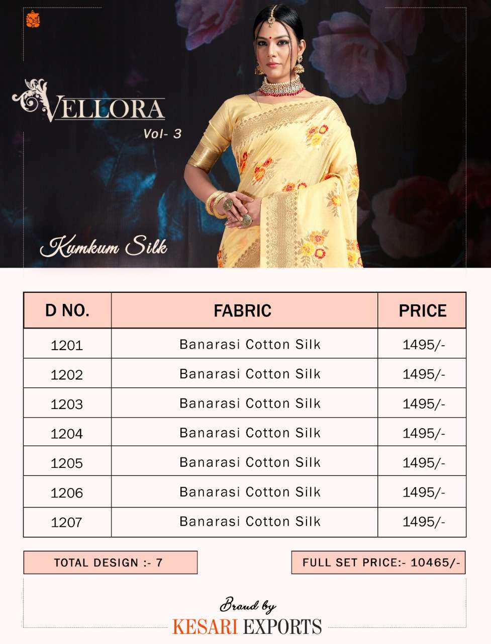 VELLORA SAREES VOL-3 BY VELLORA 1201 TO 1207 SERIES INDIAN TRADITIONAL WEAR COLLECTION BEAUTIFUL STYLISH FANCY COLORFUL PARTY WEAR & OCCASIONAL WEAR BANARASI COTTON SILK PRINTED SAREES AT WHOLESALE PRICE