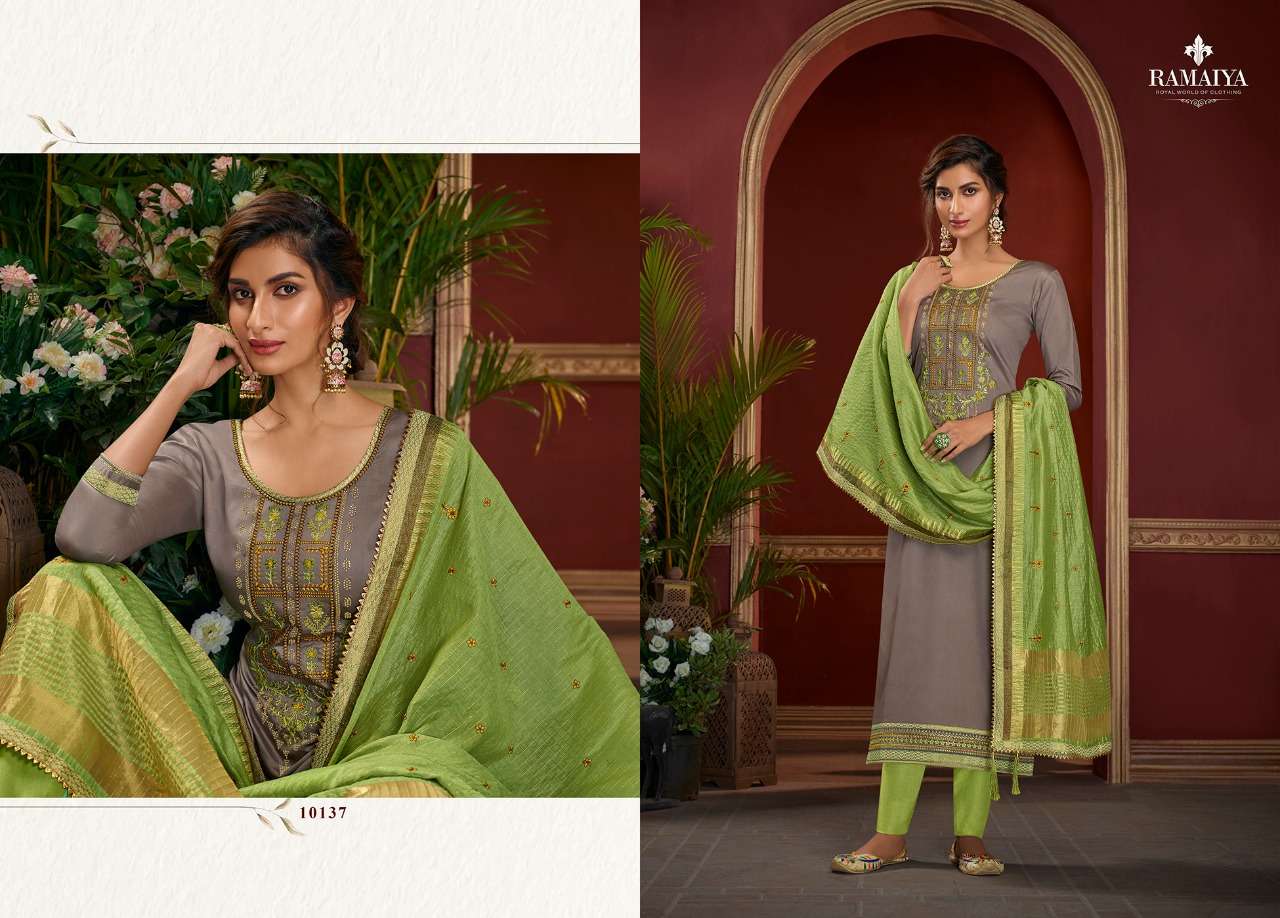 PALKHI BY RAMAIYA 10131 TO 10135 SERIES DESIGNER SUITS COLLECTION BEAUTIFUL STYLISH FANCY COLORFUL PARTY WEAR & OCCASIONAL WEAR JAM SILK EMBROIDERED DRESSES AT WHOLESALE PRICE