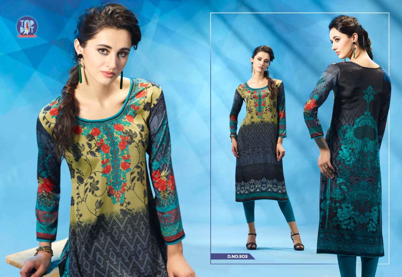 MOTIF VOL-6 BY TOP DOT 301 TO 310 SERIES BEAUTIFUL COLORFUL STYLISH FANCY CASUAL WEAR & ETHNIC WEAR & READY TO WEAR PURE FRENCH CREPE PRINTED KURTIS AT WHOLESALE PRICE