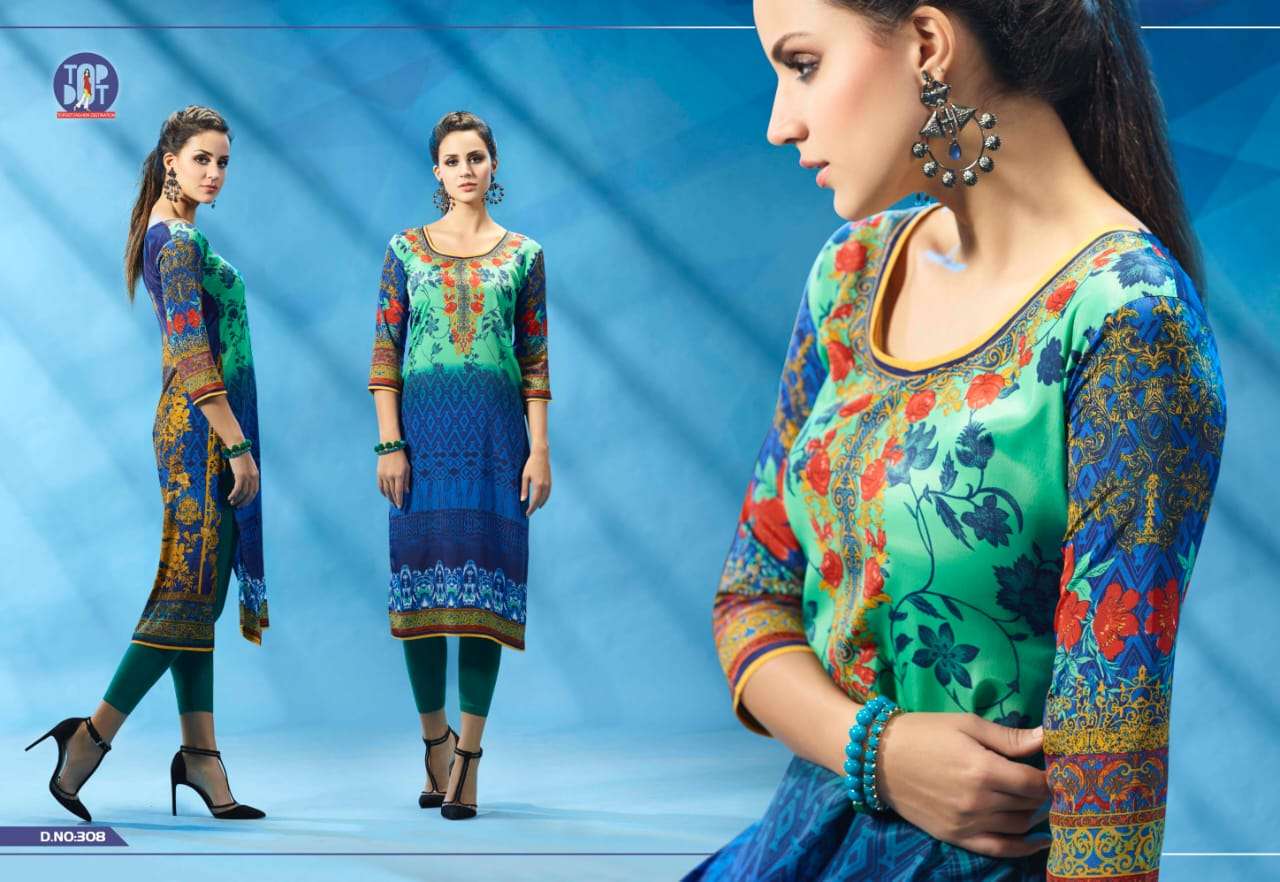 MOTIF VOL-6 BY TOP DOT 301 TO 310 SERIES BEAUTIFUL COLORFUL STYLISH FANCY CASUAL WEAR & ETHNIC WEAR & READY TO WEAR PURE FRENCH CREPE PRINTED KURTIS AT WHOLESALE PRICE