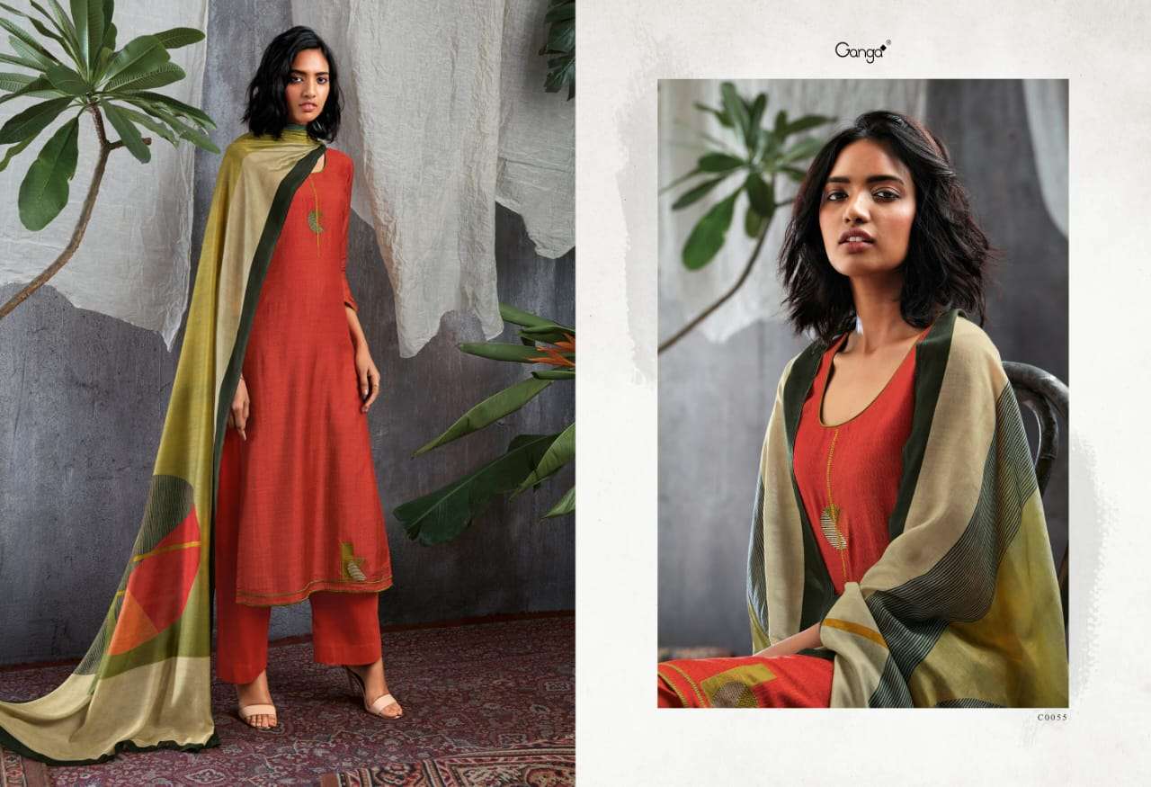 GISETTE BY GANGA FASHION 0055 TO 0063 SERIES BEAUTIFUL SUITS STYLISH FANCY COLORFUL PARTY WEAR & OCCASIONAL WEAR PURE BEMBERG SILK PRINT WITH EMBROIDERY DRESSES AT WHOLESALE PRICE