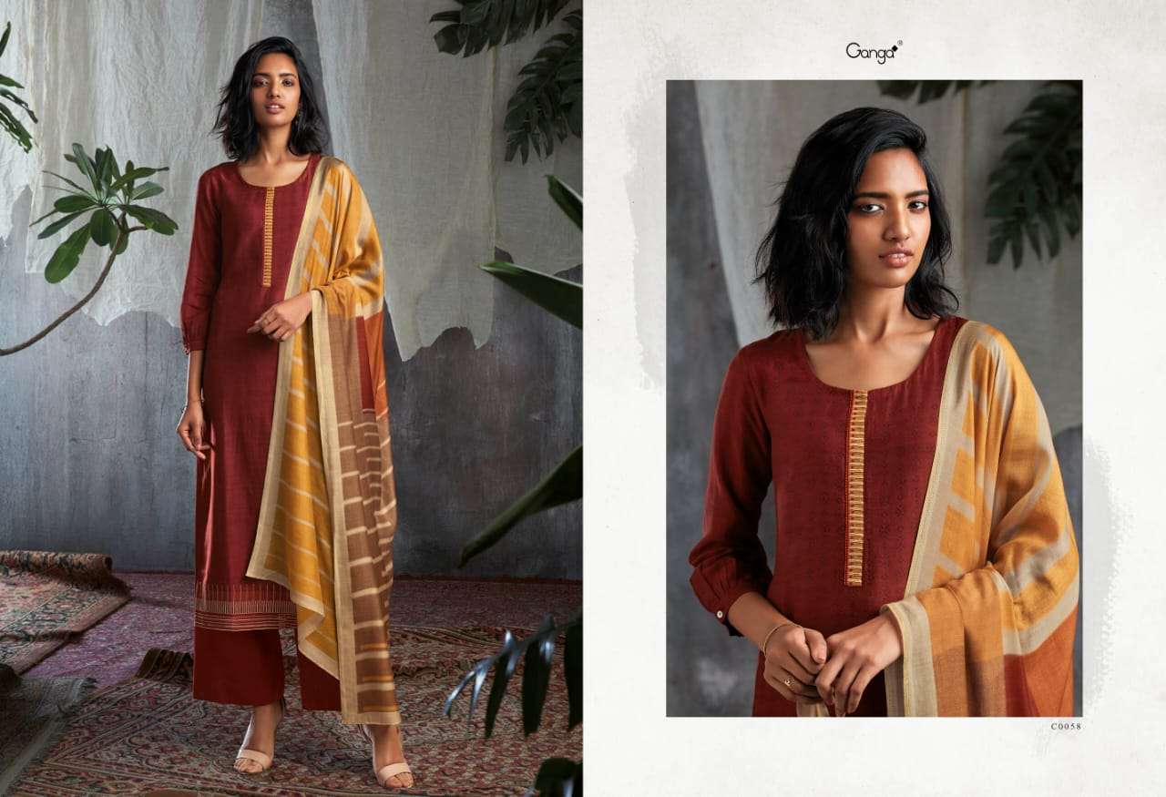 GISETTE BY GANGA FASHION 0055 TO 0063 SERIES BEAUTIFUL SUITS STYLISH FANCY COLORFUL PARTY WEAR & OCCASIONAL WEAR PURE BEMBERG SILK PRINT WITH EMBROIDERY DRESSES AT WHOLESALE PRICE