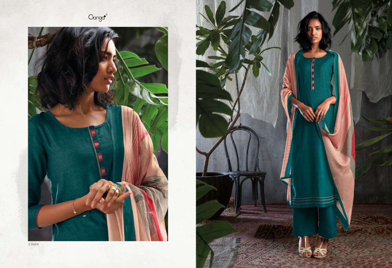GISETTE BY GANGA FASHION 0055 TO 0063 SERIES BEAUTIFUL SUITS STYLISH FANCY COLORFUL PARTY WEAR & OCCASIONAL WEAR PURE BEMBERG SILK PRINT WITH EMBROIDERY DRESSES AT WHOLESALE PRICE