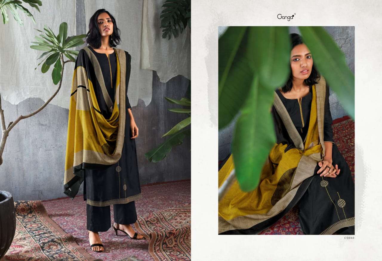 GISETTE BY GANGA FASHION 0055 TO 0063 SERIES BEAUTIFUL SUITS STYLISH FANCY COLORFUL PARTY WEAR & OCCASIONAL WEAR PURE BEMBERG SILK PRINT WITH EMBROIDERY DRESSES AT WHOLESALE PRICE