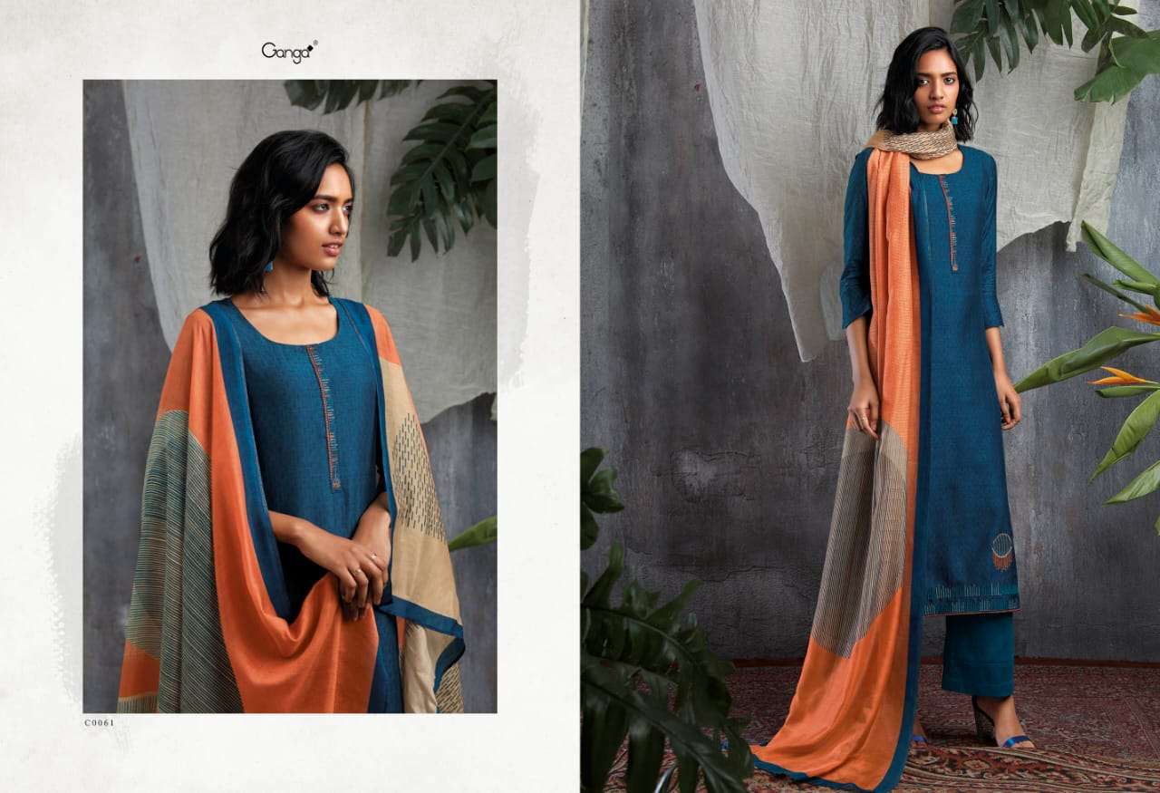 GISETTE BY GANGA FASHION 0055 TO 0063 SERIES BEAUTIFUL SUITS STYLISH FANCY COLORFUL PARTY WEAR & OCCASIONAL WEAR PURE BEMBERG SILK PRINT WITH EMBROIDERY DRESSES AT WHOLESALE PRICE