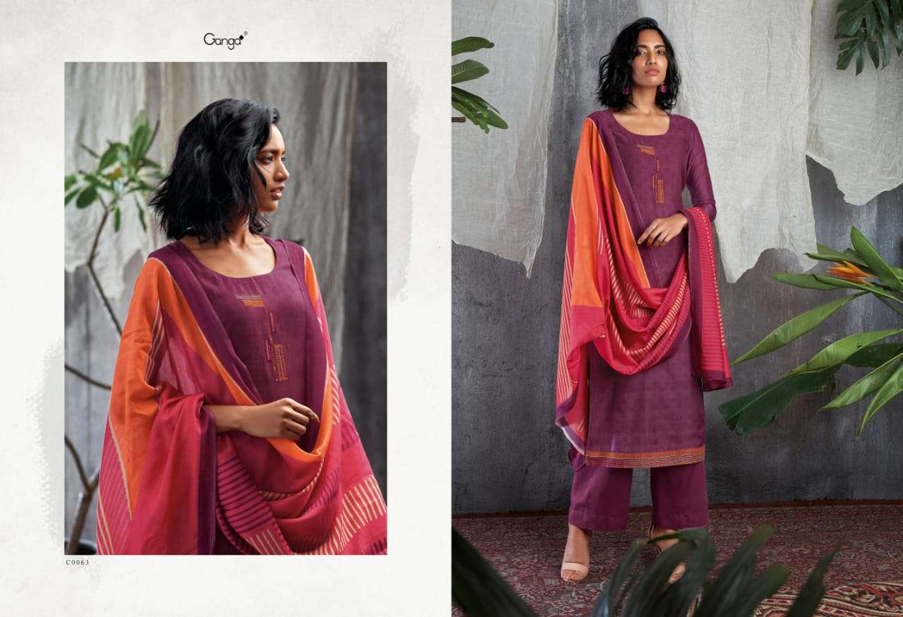 GISETTE BY GANGA FASHION 0055 TO 0063 SERIES BEAUTIFUL SUITS STYLISH FANCY COLORFUL PARTY WEAR & OCCASIONAL WEAR PURE BEMBERG SILK PRINT WITH EMBROIDERY DRESSES AT WHOLESALE PRICE