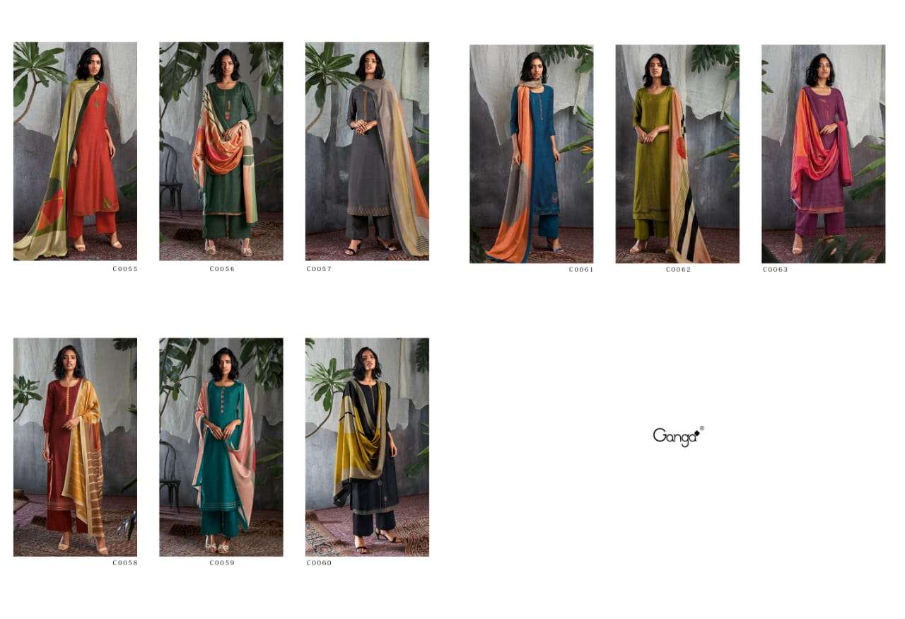 GISETTE BY GANGA FASHION 0055 TO 0063 SERIES BEAUTIFUL SUITS STYLISH FANCY COLORFUL PARTY WEAR & OCCASIONAL WEAR PURE BEMBERG SILK PRINT WITH EMBROIDERY DRESSES AT WHOLESALE PRICE