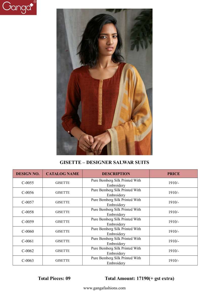 GISETTE BY GANGA FASHION 0055 TO 0063 SERIES BEAUTIFUL SUITS STYLISH FANCY COLORFUL PARTY WEAR & OCCASIONAL WEAR PURE BEMBERG SILK PRINT WITH EMBROIDERY DRESSES AT WHOLESALE PRICE