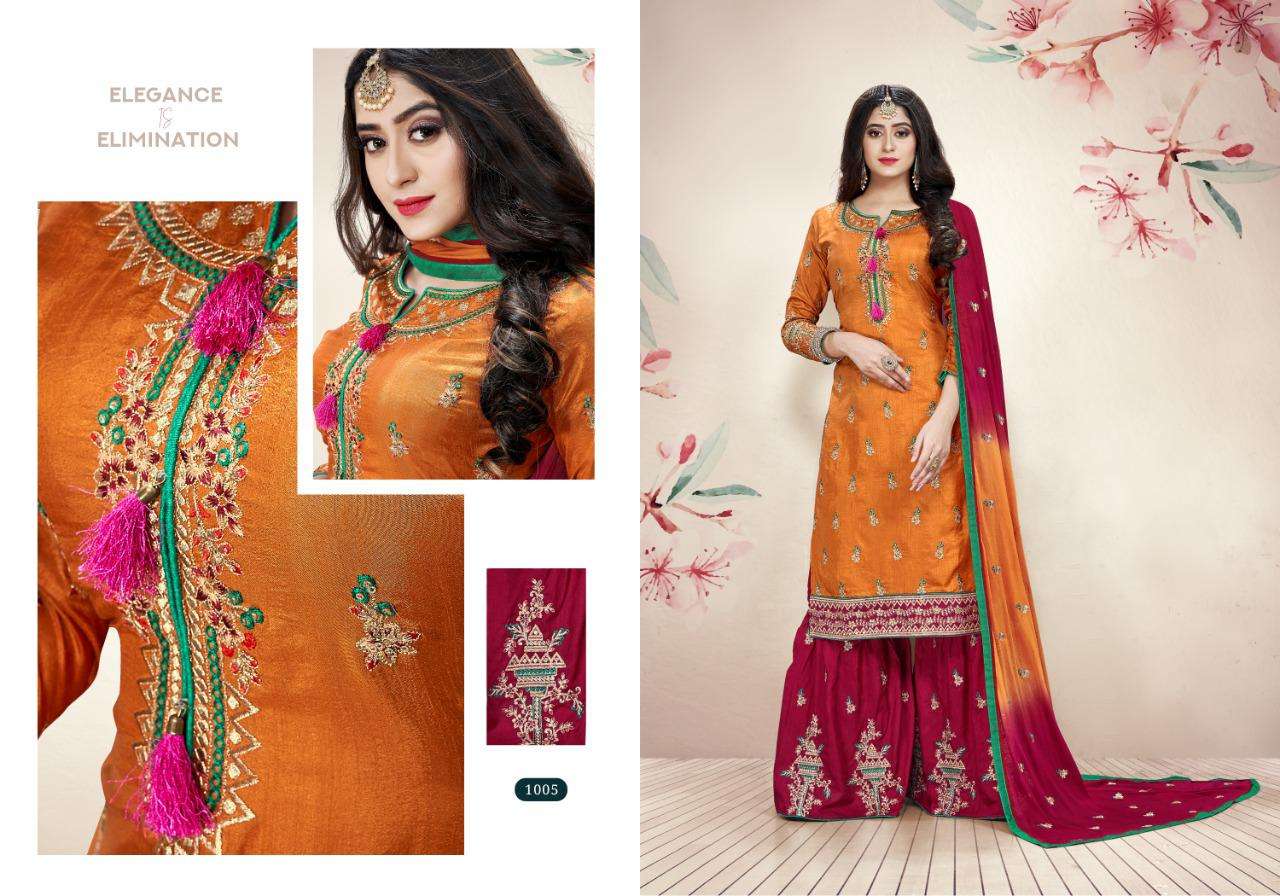 ORCHID BY RIGHT CHOICE 1001 TO 1005 SERIES DESIGNER SHARARA SUITS COLLECTION BEAUTIFUL STYLISH COLORFUL FANCY PARTY WEAR & OCCASIONAL WEAR DOLLA SILK WITH EMBROIDERY DRESSES AT WHOLESALE PRICE