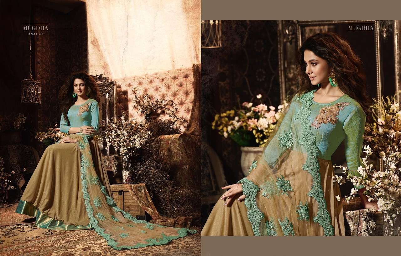 Premium Vol-2 11023 Colours By Mugdha Designer Anarkali Suits Festive Collection Beautiful Stylish Fancy Party Wear & Occasional Wear Lycra & Two Tone Embroidered Dresses At Wholesale Price