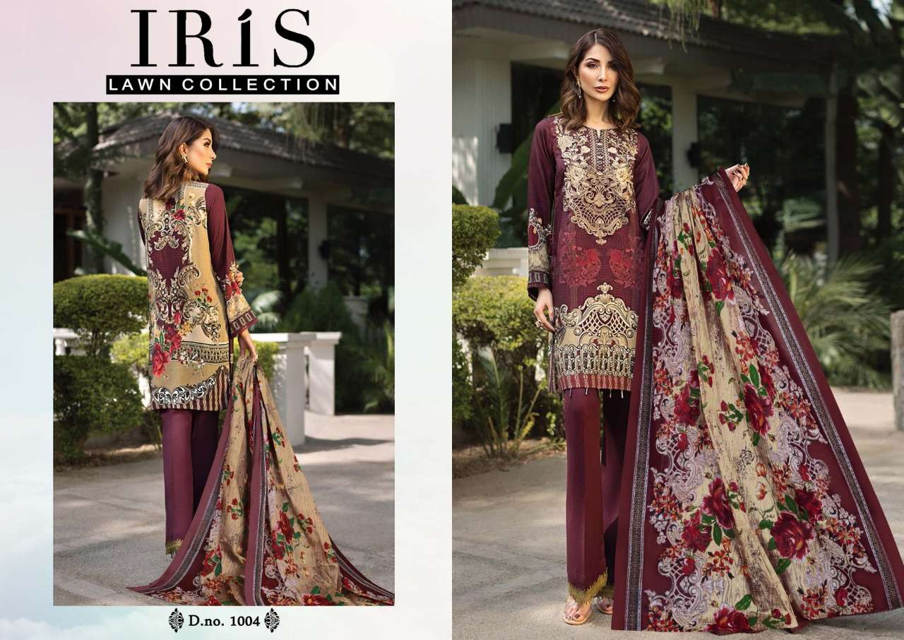 IRIS LAWN COLLECTION BY FASHID WHOLESALE 1001 TO 1004 SERIES PAKISTANI STYLISH BEAUTIFUL COLOURFUL PRINTED & EMBROIDERED PARTY WEAR & OCCASIONAL WEAR PURE LAWN PRINTED DRESSES AT WHOLESALE PRICE