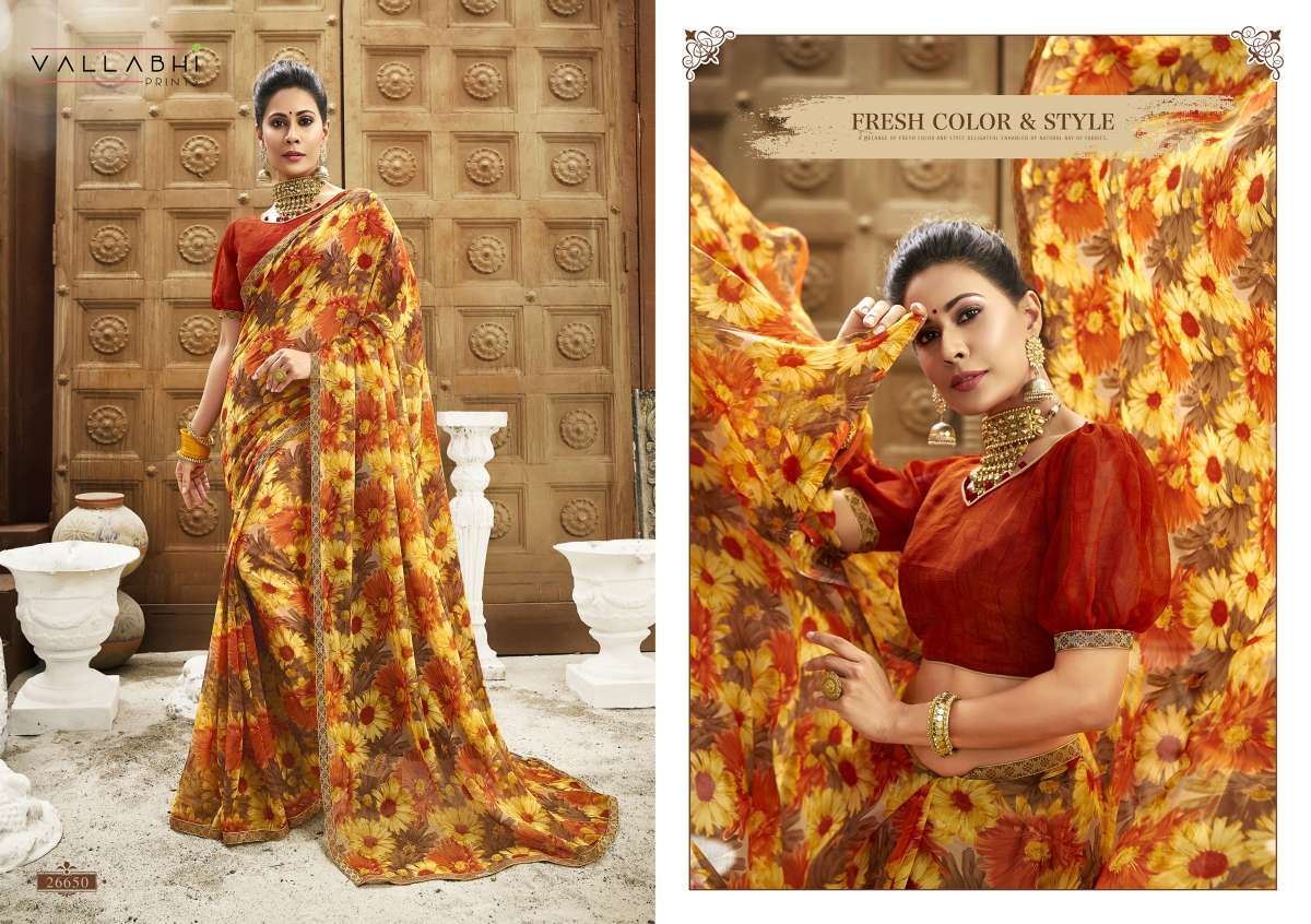 BISHAKHA VOL-2 BY VALLABHI PRINTS 26641 TO 26652 SERIES INDIAN TRADITIONAL WEAR COLLECTION BEAUTIFUL STYLISH FANCY COLORFUL PARTY WEAR & OCCASIONAL WEAR CHIFFON PRINTED SAREES AT WHOLESALE PRICE