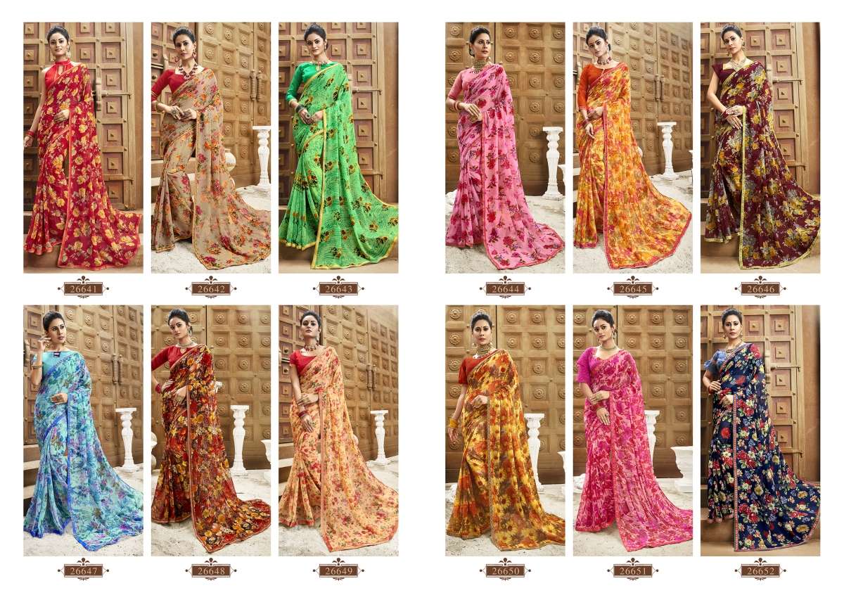 BISHAKHA VOL-2 BY VALLABHI PRINTS 26641 TO 26652 SERIES INDIAN TRADITIONAL WEAR COLLECTION BEAUTIFUL STYLISH FANCY COLORFUL PARTY WEAR & OCCASIONAL WEAR CHIFFON PRINTED SAREES AT WHOLESALE PRICE
