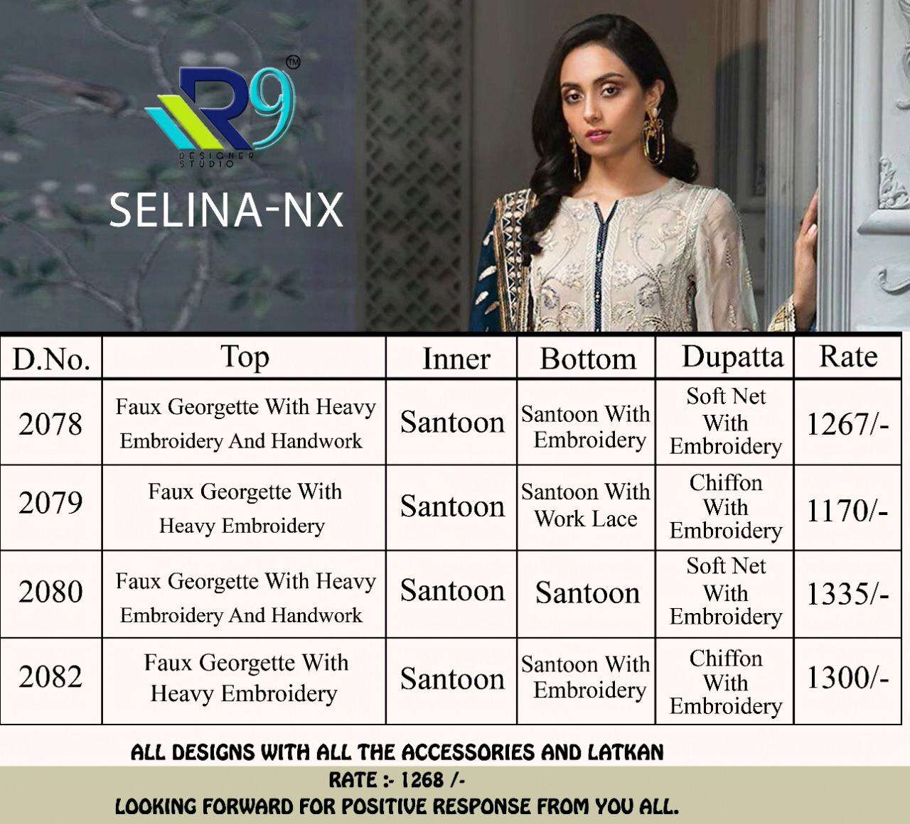 SELINA NX BY R9 2077 TO 2080 SERIES DESIGNER PAKISTANI SUITS BEAUTIFUL STYLISH FANCY COLORFUL PARTY WEAR & OCCASIONAL WEAR FAUX HEAVY GEORGETTE WITH EMBROIDERY DRESSES AT WHOLESALE PRICE