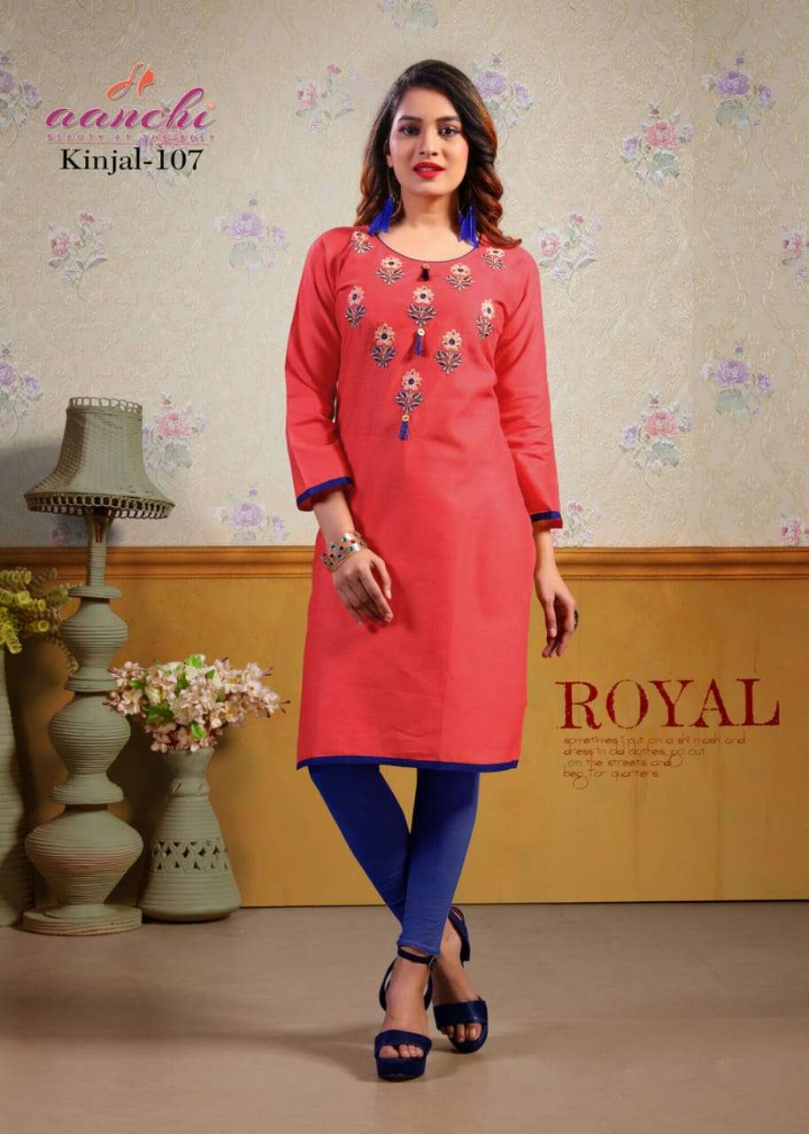 KINJAL BY AANCHI 101 TO 109 SERIES BEAUTIFUL COLORFUL STYLISH FANCY CASUAL WEAR & ETHNIC WEAR & READY TO WEAR COTTON LINEN KURTIS AT WHOLESALE PRICE
