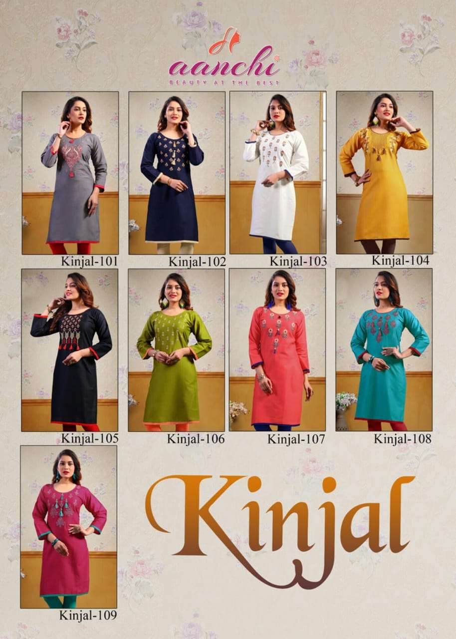 KINJAL BY AANCHI 101 TO 109 SERIES BEAUTIFUL COLORFUL STYLISH FANCY CASUAL WEAR & ETHNIC WEAR & READY TO WEAR COTTON LINEN KURTIS AT WHOLESALE PRICE