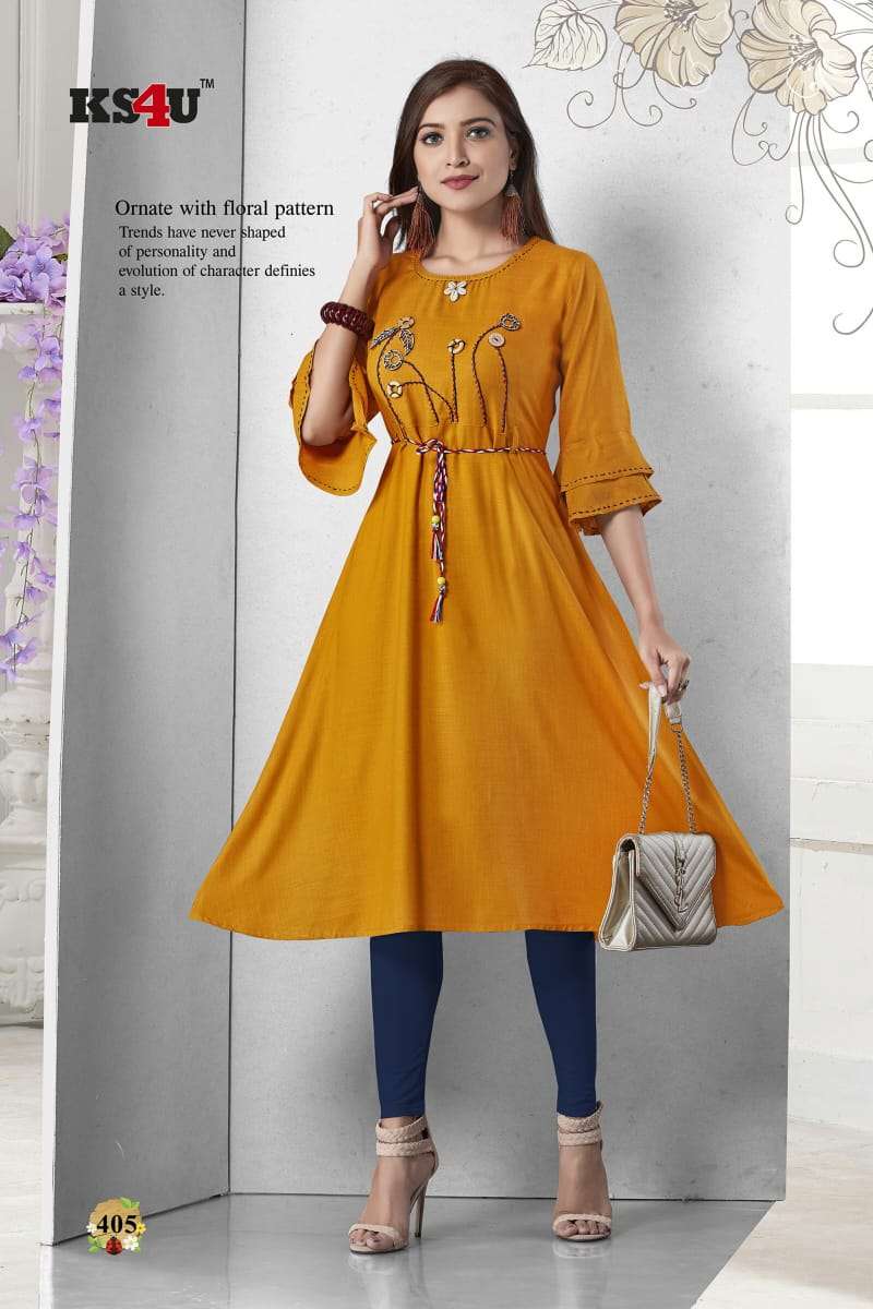 ERA BY KS4U 401 TO 406 SERIES BEAUTIFUL COLORFUL STYLISH FANCY CASUAL WEAR & ETHNIC WEAR & READY TO WEAR RAYON TWO TONE WITH HANDWORK KURTIS AT WHOLESALE PRICE