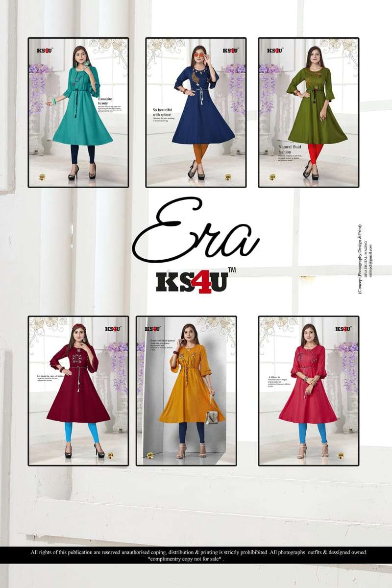 ERA BY KS4U 401 TO 406 SERIES BEAUTIFUL COLORFUL STYLISH FANCY CASUAL WEAR & ETHNIC WEAR & READY TO WEAR RAYON TWO TONE WITH HANDWORK KURTIS AT WHOLESALE PRICE