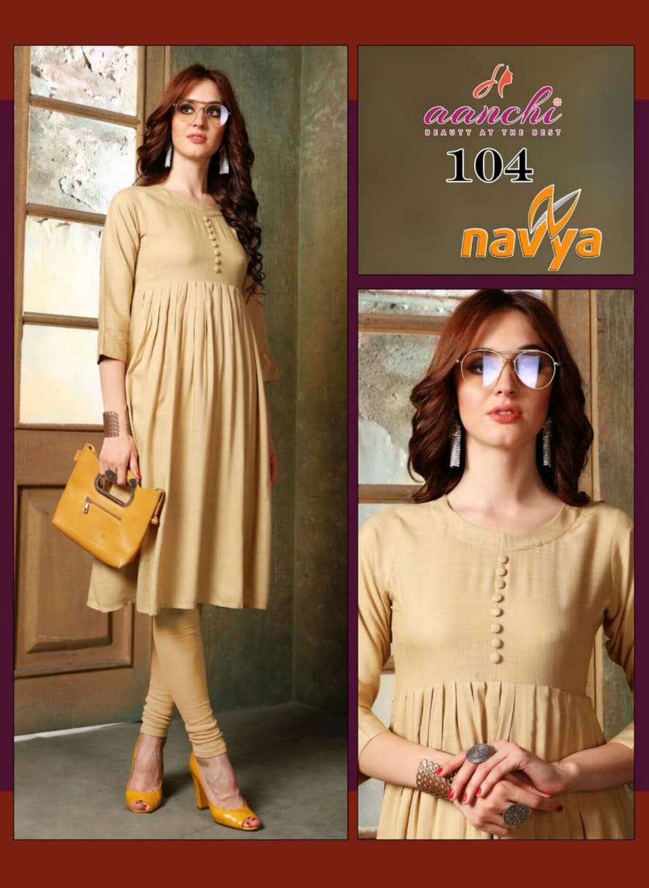 NAVYA BY AANCHI 101 TO 107 SERIES BEAUTIFUL COLORFUL STYLISH FANCY CASUAL WEAR & ETHNIC WEAR & READY TO WEAR RAYON SLUB KURTIS AT WHOLESALE PRICE