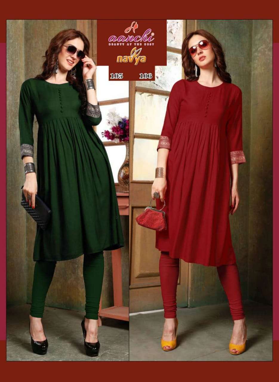 NAVYA BY AANCHI 101 TO 107 SERIES BEAUTIFUL COLORFUL STYLISH FANCY CASUAL WEAR & ETHNIC WEAR & READY TO WEAR RAYON SLUB KURTIS AT WHOLESALE PRICE