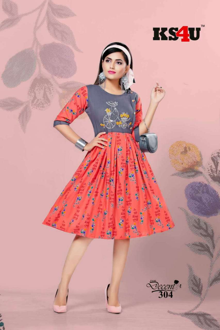 DECENT VOL-3 BY KS4U 301 TO 306 SERIES BEAUTIFUL COLORFUL STYLISH FANCY CASUAL WEAR & ETHNIC WEAR & READY TO WEAR HEAVY RAYON PRINTED KURTIS AT WHOLESALE PRICE