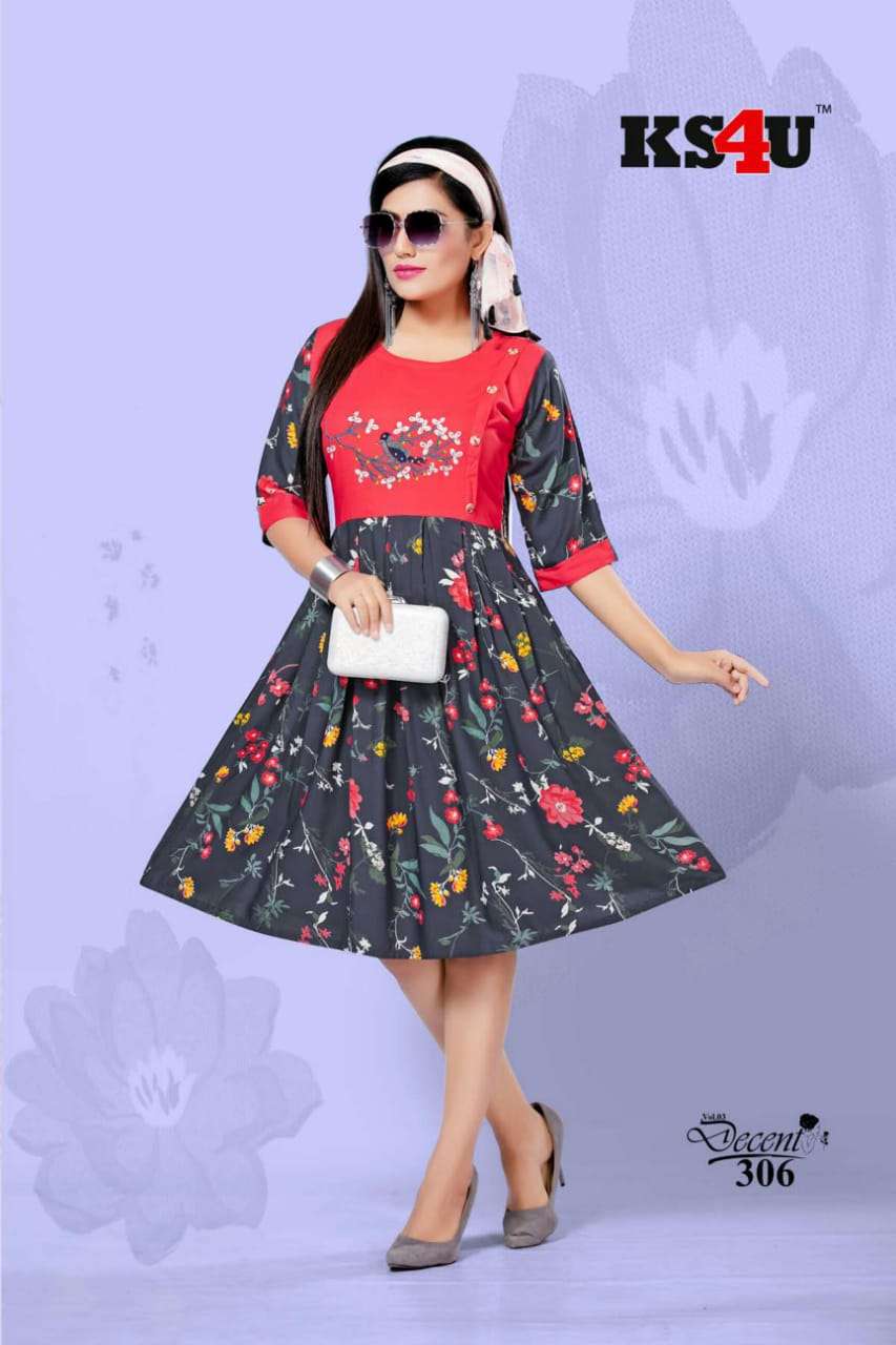 DECENT VOL-3 BY KS4U 301 TO 306 SERIES BEAUTIFUL COLORFUL STYLISH FANCY CASUAL WEAR & ETHNIC WEAR & READY TO WEAR HEAVY RAYON PRINTED KURTIS AT WHOLESALE PRICE