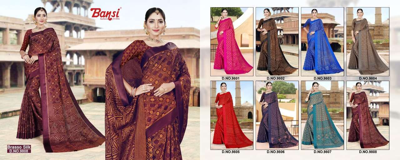 BRASSO SILK BY FASHID WHOLESALE 9801 TO 9808 SERIES INDIAN TRADITIONAL WEAR COLLECTION BEAUTIFUL STYLISH FANCY COLORFUL PARTY WEAR & OCCASIONAL WEAR BRASSO SILK SAREES AT WHOLESALE PRICE