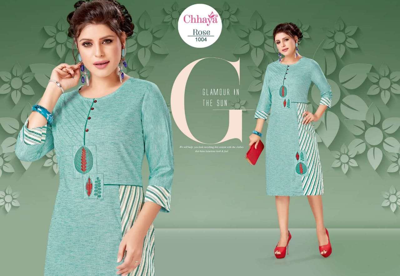 ROSE VOL-2 BY CHHAYA 1001 TO 1009 SERIES BEAUTIFUL STYLISH FANCY COLORFUL CASUAL WEAR & ETHNIC WEAR PREMIUM SLUB KURTIS WITH BOTTOM AT WHOLESALE PRICE
