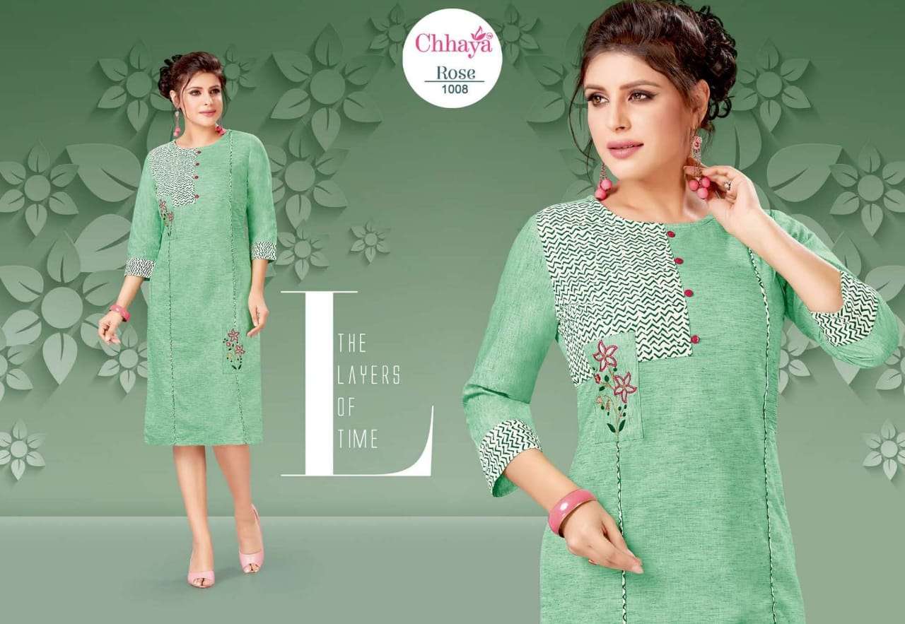 ROSE VOL-2 BY CHHAYA 1001 TO 1009 SERIES BEAUTIFUL STYLISH FANCY COLORFUL CASUAL WEAR & ETHNIC WEAR PREMIUM SLUB KURTIS WITH BOTTOM AT WHOLESALE PRICE