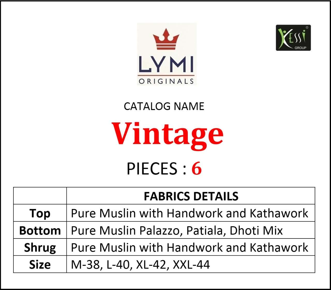 VINTAGE BY LYMI ORIGINAL 3401 TO 3406 SERIES BEAUTIFUL STYLISH FANCY COLORFUL CASUAL WEAR & ETHNIC WEAR PURE MUSLIN WITH HANDWORK KURTIS WITH BOTTOM AT WHOLESALE PRICE