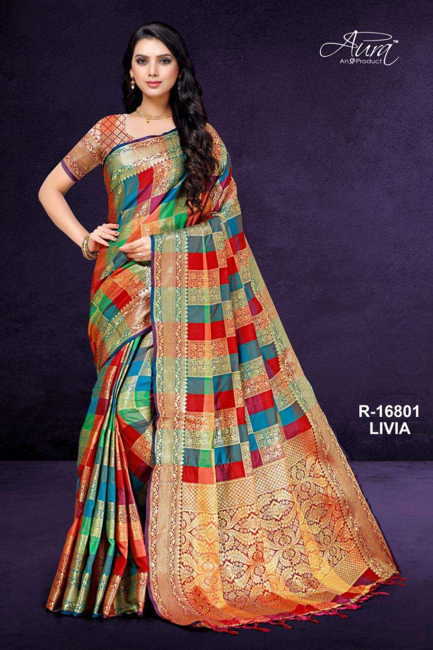 LIVIA BY AURA 16801 TO 16806 SERIES DESIGNER TRADITIONAL WEAR COLLECTION BEAUTIFUL FANCY COLORFUL PARTY WEAR & OCCASIONAL WEAR PURE COTTON SILK SAREES AT WHOLESALE PRICE