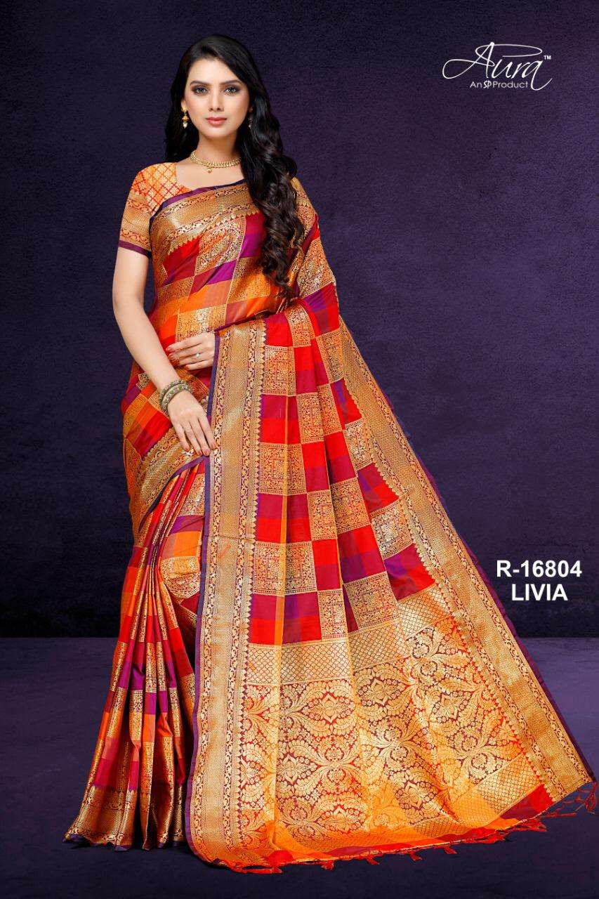 LIVIA BY AURA 16801 TO 16806 SERIES DESIGNER TRADITIONAL WEAR COLLECTION BEAUTIFUL FANCY COLORFUL PARTY WEAR & OCCASIONAL WEAR PURE COTTON SILK SAREES AT WHOLESALE PRICE