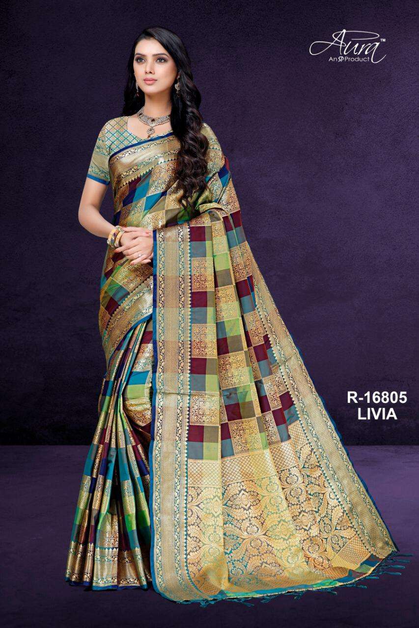 LIVIA BY AURA 16801 TO 16806 SERIES DESIGNER TRADITIONAL WEAR COLLECTION BEAUTIFUL FANCY COLORFUL PARTY WEAR & OCCASIONAL WEAR PURE COTTON SILK SAREES AT WHOLESALE PRICE