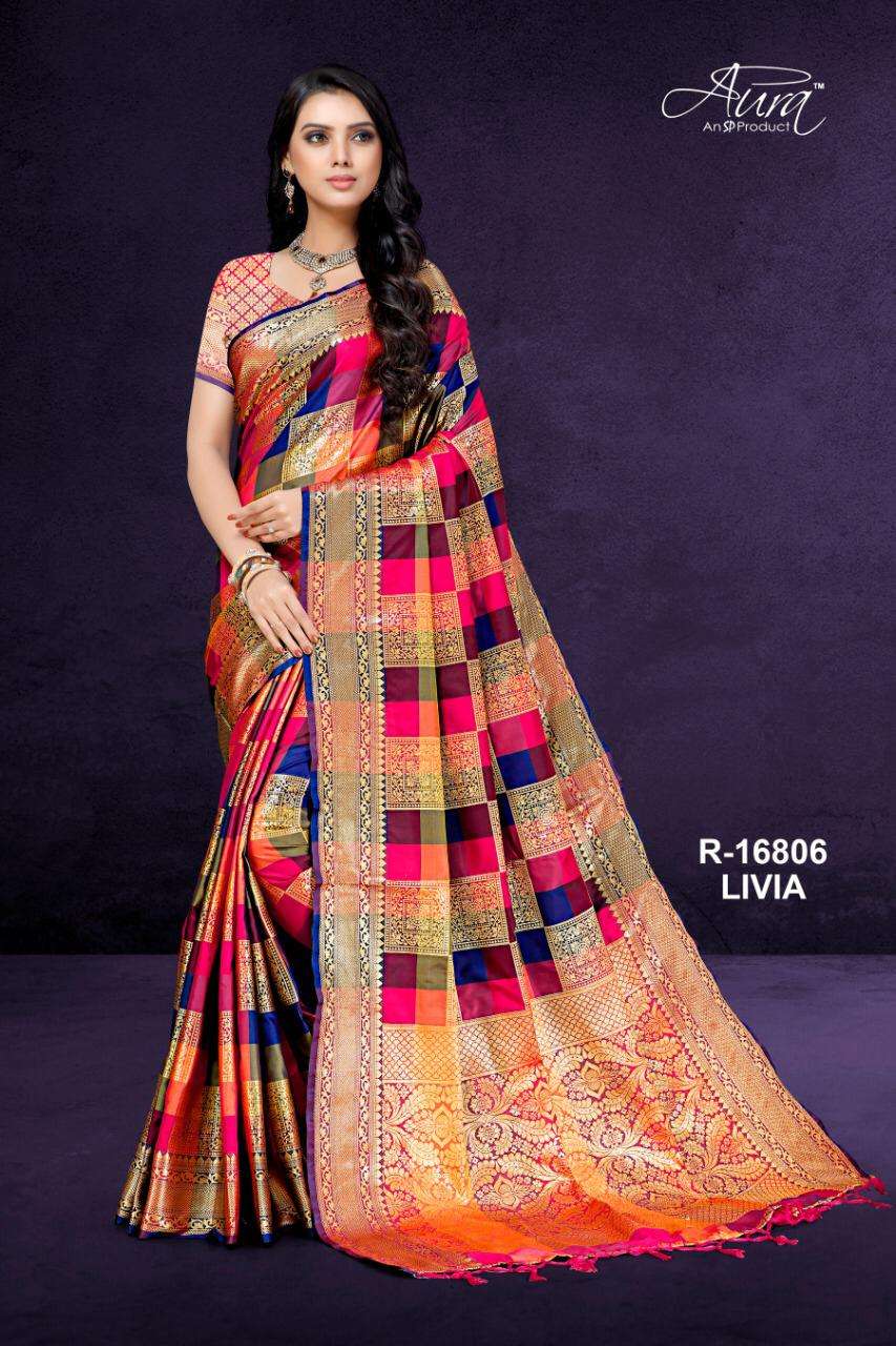 LIVIA BY AURA 16801 TO 16806 SERIES DESIGNER TRADITIONAL WEAR COLLECTION BEAUTIFUL FANCY COLORFUL PARTY WEAR & OCCASIONAL WEAR PURE COTTON SILK SAREES AT WHOLESALE PRICE