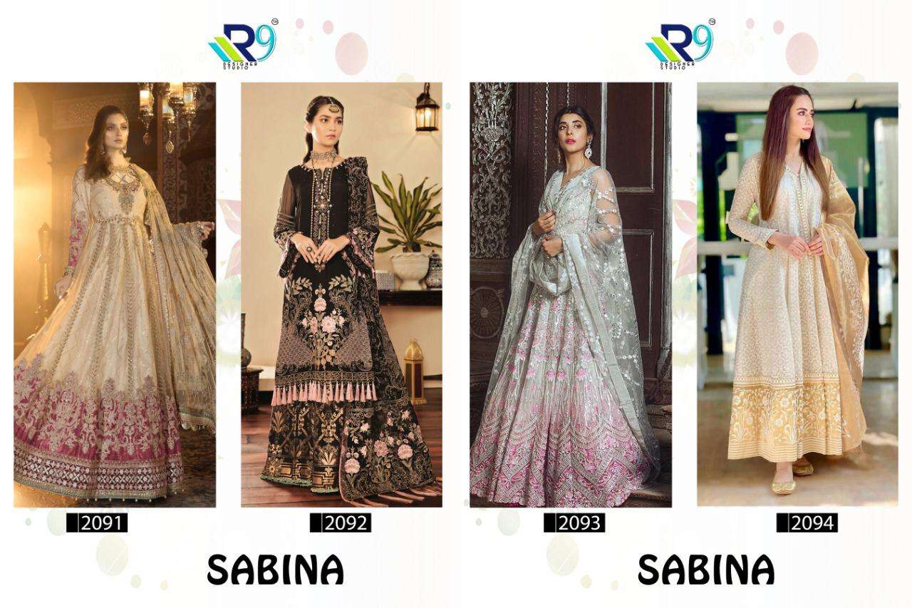 SABINA BY R9  2091 TO 2094 SERIES INDIAN TRADITIONAL WEAR COLLECTION BEAUTIFUL STYLISH FANCY COLORFUL PARTY WEAR & OCCASIONAL WEAR FAUX GEORGETTE WITH EMBROIDERY SAREES AT WHOLESALE PRICE