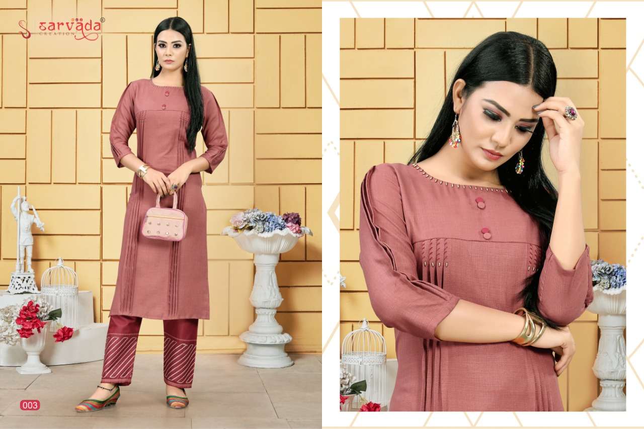 CHAHAT BY SARVADA CREATION 001 TO 008 SERIES STYLISH FANCY BEAUTIFUL COLORFUL CASUAL WEAR & ETHNIC WEAR ERA SLUB WITH HANDWORK KURTIS WITH BOTTOM AT WHOLESALE PRICE