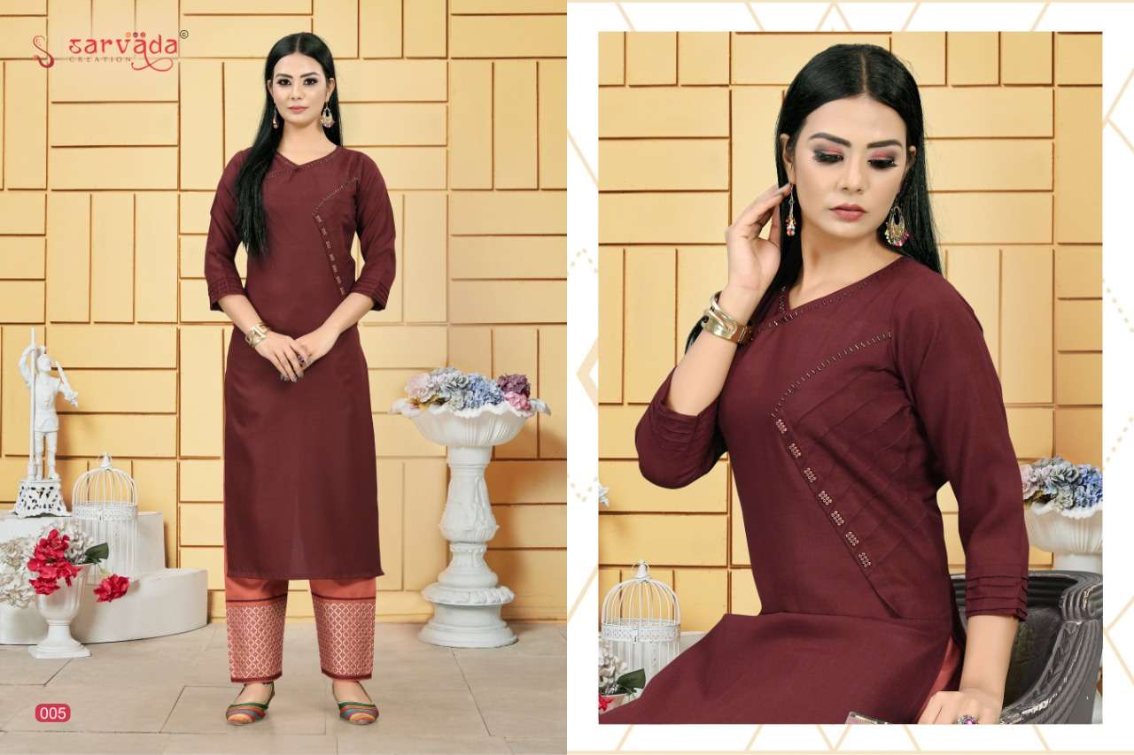 CHAHAT BY SARVADA CREATION 001 TO 008 SERIES STYLISH FANCY BEAUTIFUL COLORFUL CASUAL WEAR & ETHNIC WEAR ERA SLUB WITH HANDWORK KURTIS WITH BOTTOM AT WHOLESALE PRICE
