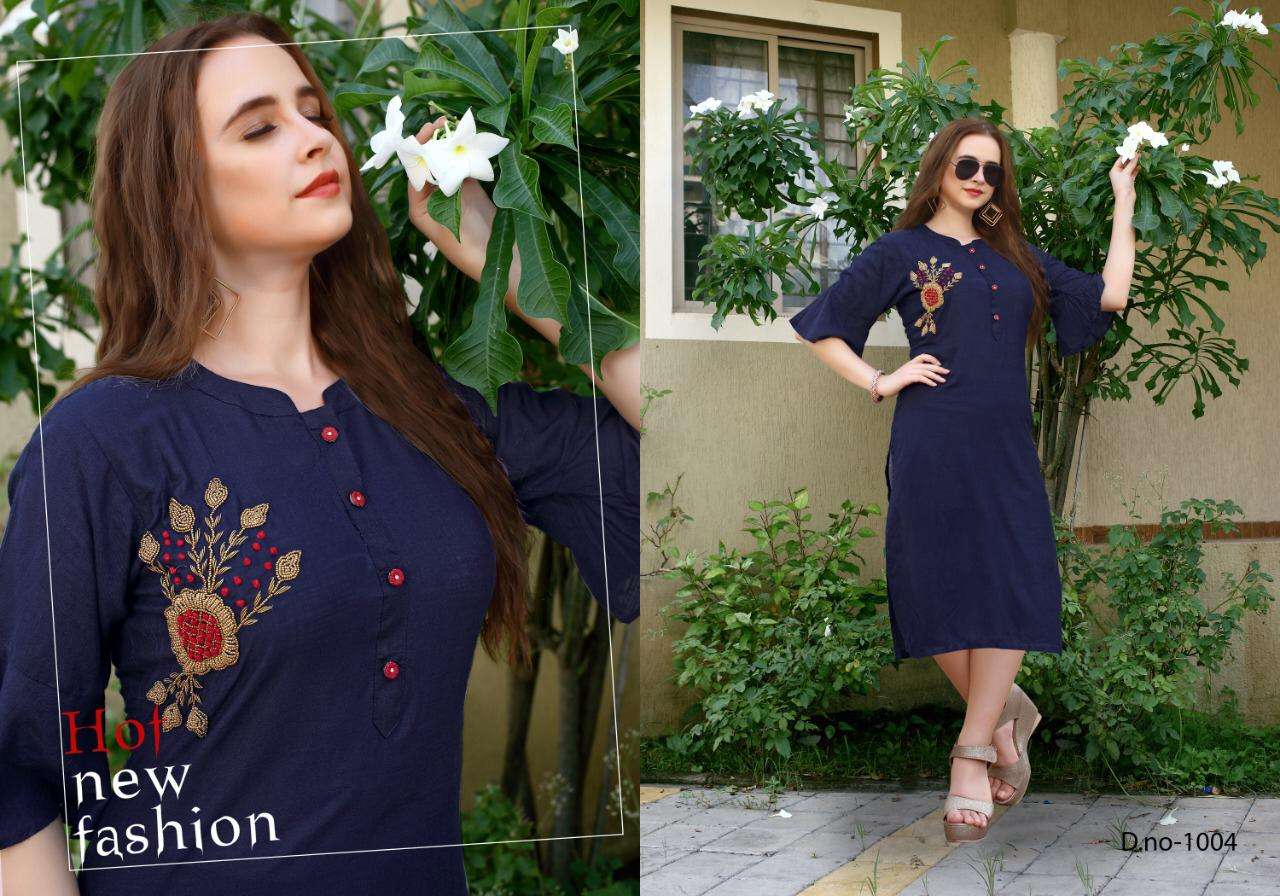 QUEEN BY POORVI DESIGNER 1001 TO 1006 SERIES STYLISH FANCY BEAUTIFUL COLORFUL CASUAL WEAR & ETHNIC WEAR RAYON SLUB HANDWORKED KURTIS AT WHOLESALE PRICE