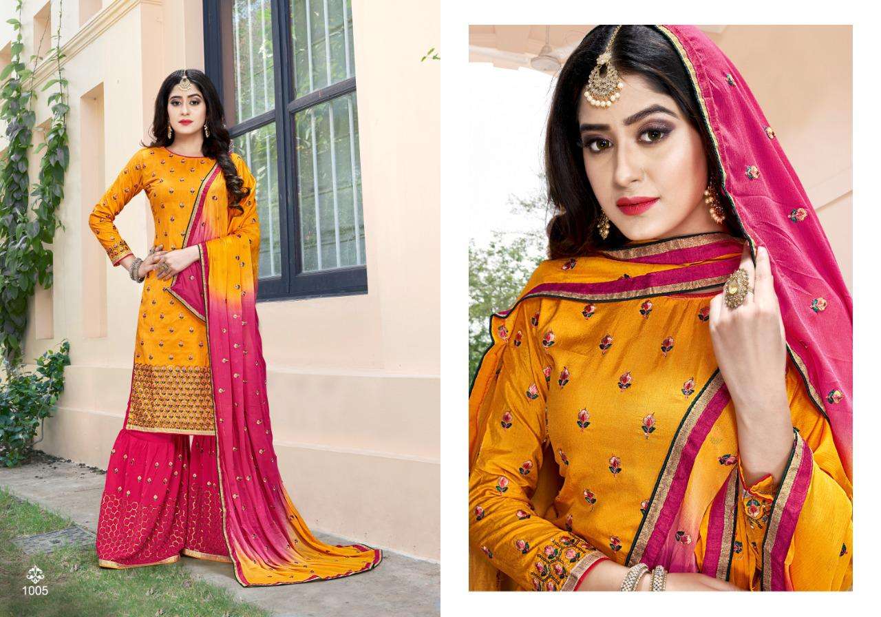 ORCHID VOL-2 BY RIGHT CHOICE 1001 TO 1005 SERIES BEAUTIFUL STYLISH SHARARA SUITS FANCY COLORFUL CASUAL WEAR & ETHNIC WEAR & READY TO WEAR PURE DOLA SILK EMBROIDERED DRESSES AT WHOLESALE PRICE