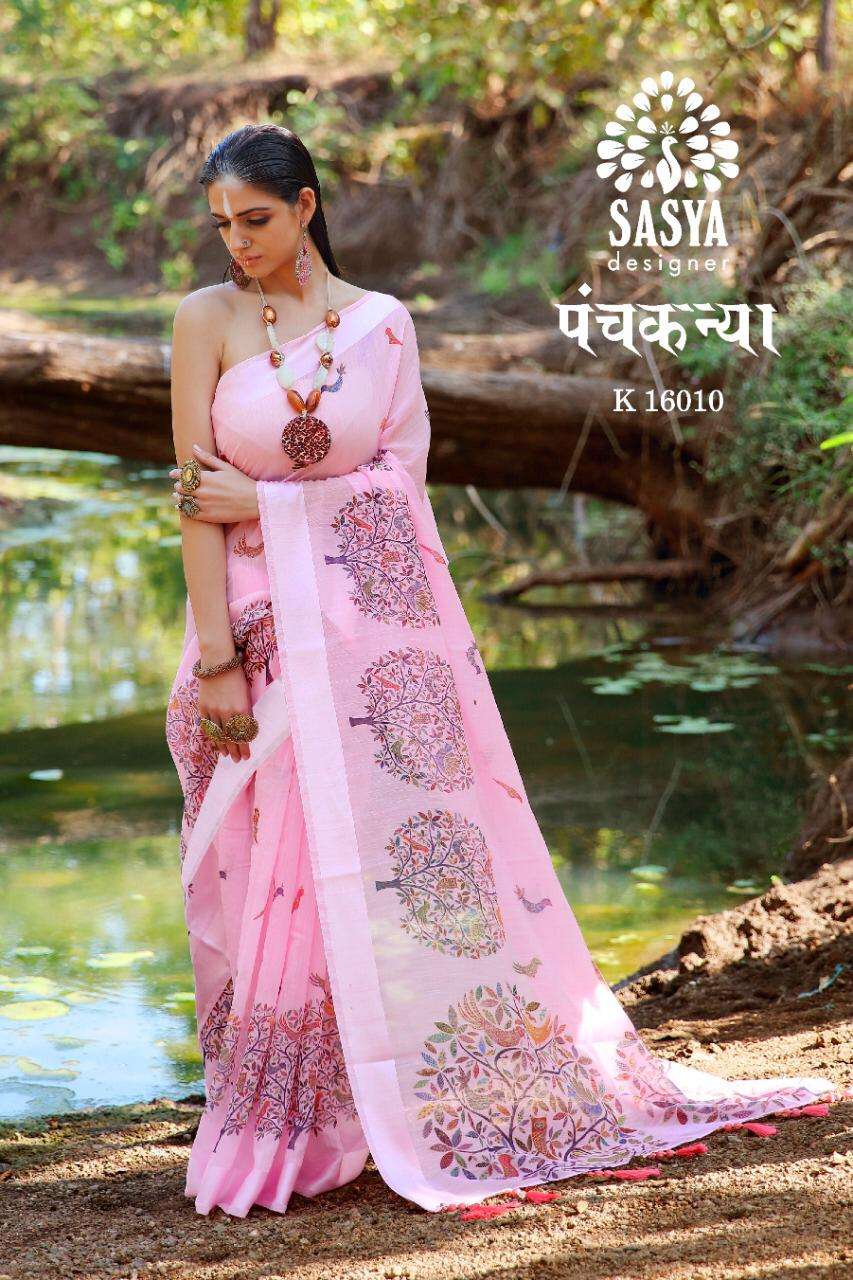 PANCH KANYA BY SASYA DESIGNER 16001 TO 16010 SERIES INDIAN TRADITIONAL WEAR COLLECTION BEAUTIFUL STYLISH FANCY COLORFUL PARTY WEAR & OCCASIONAL WEAR LINEN COTTON DIGITAL PRINTED SAREES AT WHOLESALE PRICE