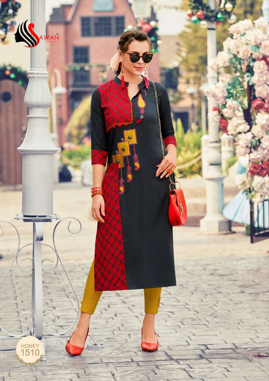 HONEY VOL-15 BY SAWAN CREATION 1501 TO 1512 SERIES BEAUTIFUL COLORFUL STYLISH FANCY CASUAL WEAR & ETHNIC WEAR & READY TO WEAR HEAVY RAYON PRINTED KURTIS AT WHOLESALE PRICE
