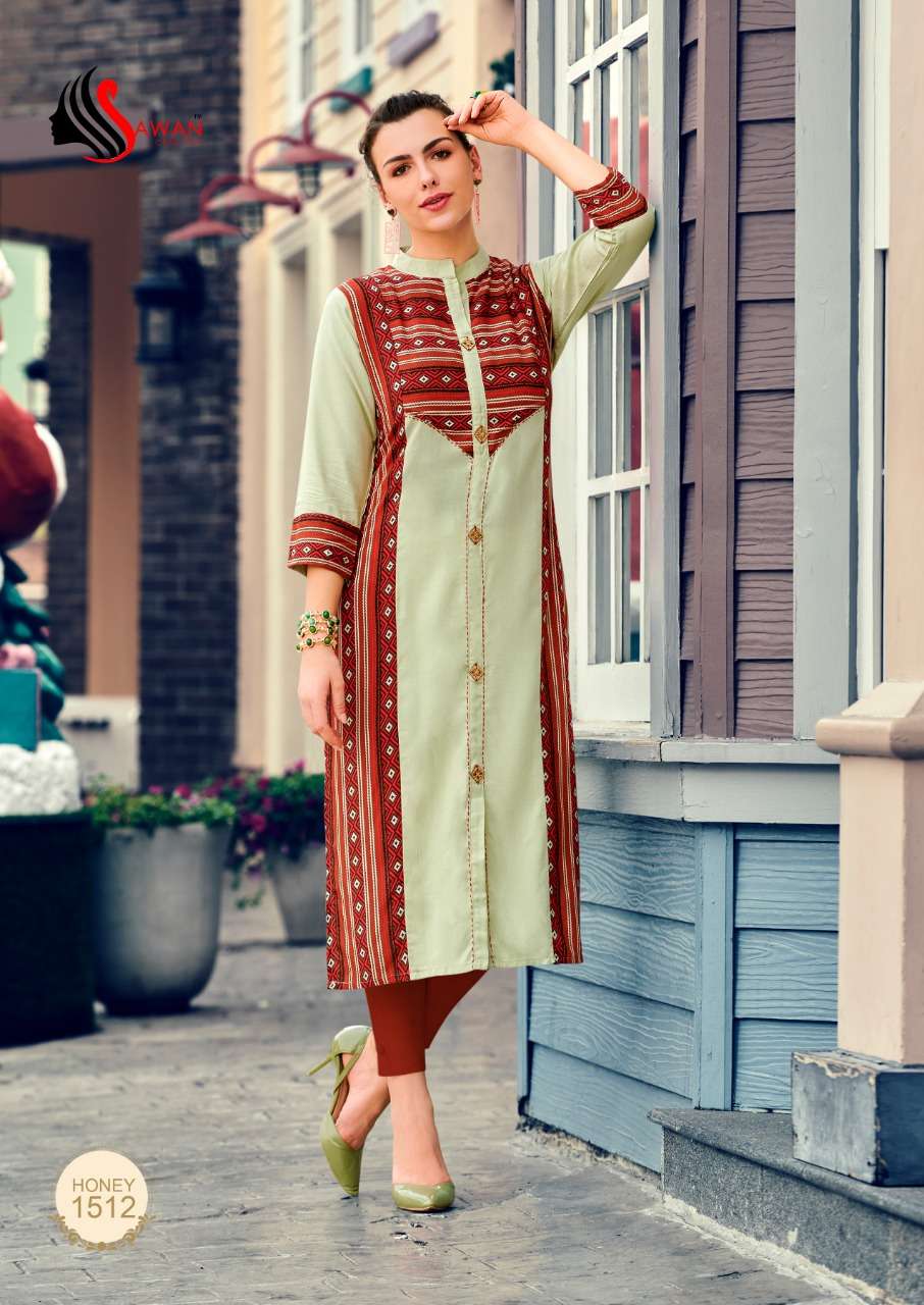 HONEY VOL-15 BY SAWAN CREATION 1501 TO 1512 SERIES BEAUTIFUL COLORFUL STYLISH FANCY CASUAL WEAR & ETHNIC WEAR & READY TO WEAR HEAVY RAYON PRINTED KURTIS AT WHOLESALE PRICE