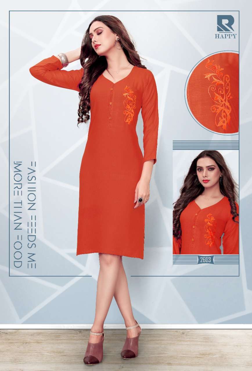 HAPPY BY RAASHI 2601 TO 2612 SERIES STYLISH FANCY BEAUTIFUL COLORFUL CASUAL WEAR & ETHNIC WEAR RAYON SLUB EMBROIDERED KURTIS AT WHOLESALE PRICE