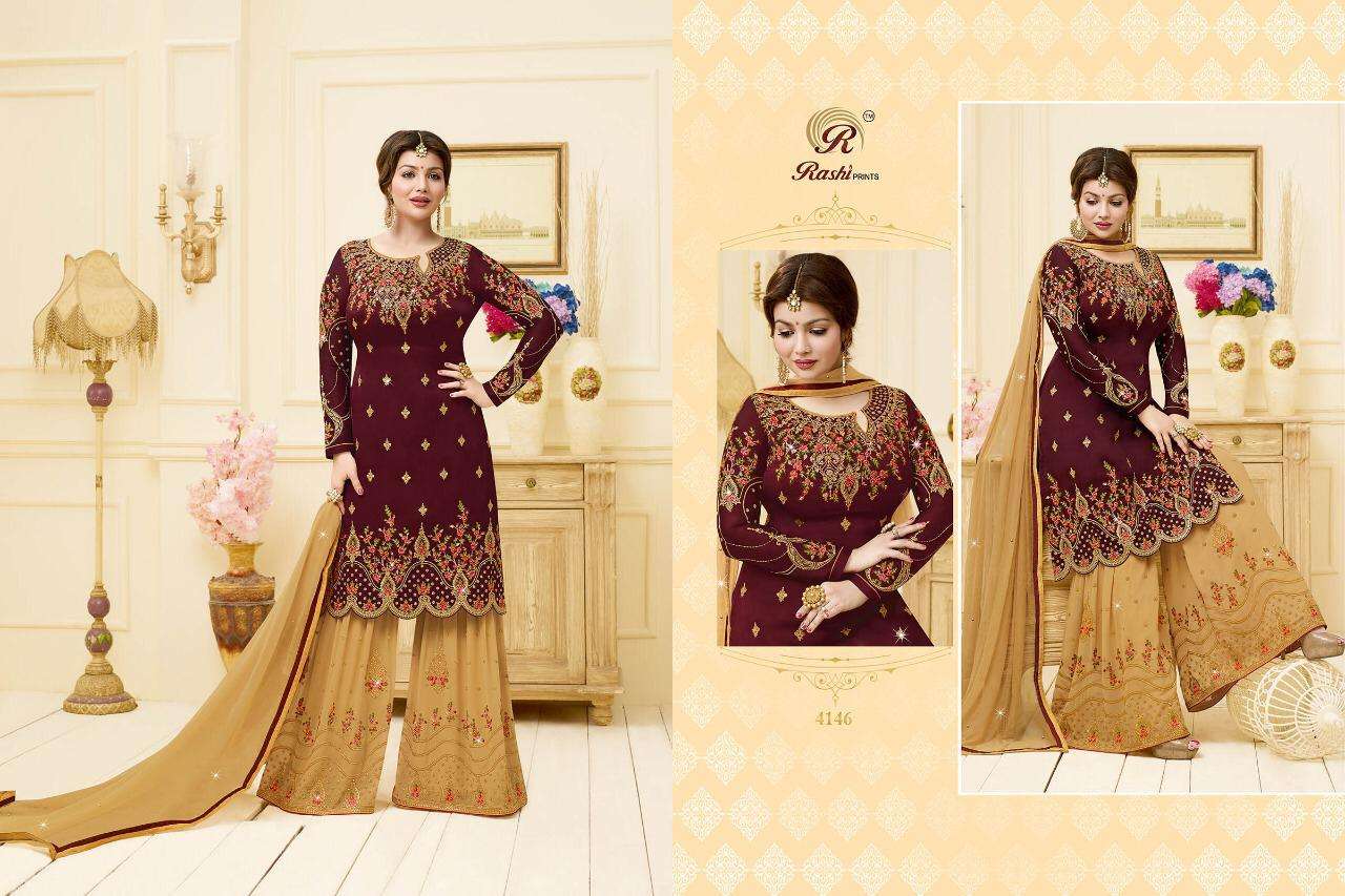 HADIPA SARARA VOL-4 BY RASHI PRINTS 4141 TO 4146 SERIES DESIGNER FESTIVE SHARARA SUITS COLLECTION BEAUTIFUL STYLISH FANCY COLORFUL PARTY WEAR & OCCASIONAL WEAR SATIN GEORGETTE DRESSES AT WHOLESALE PRICE