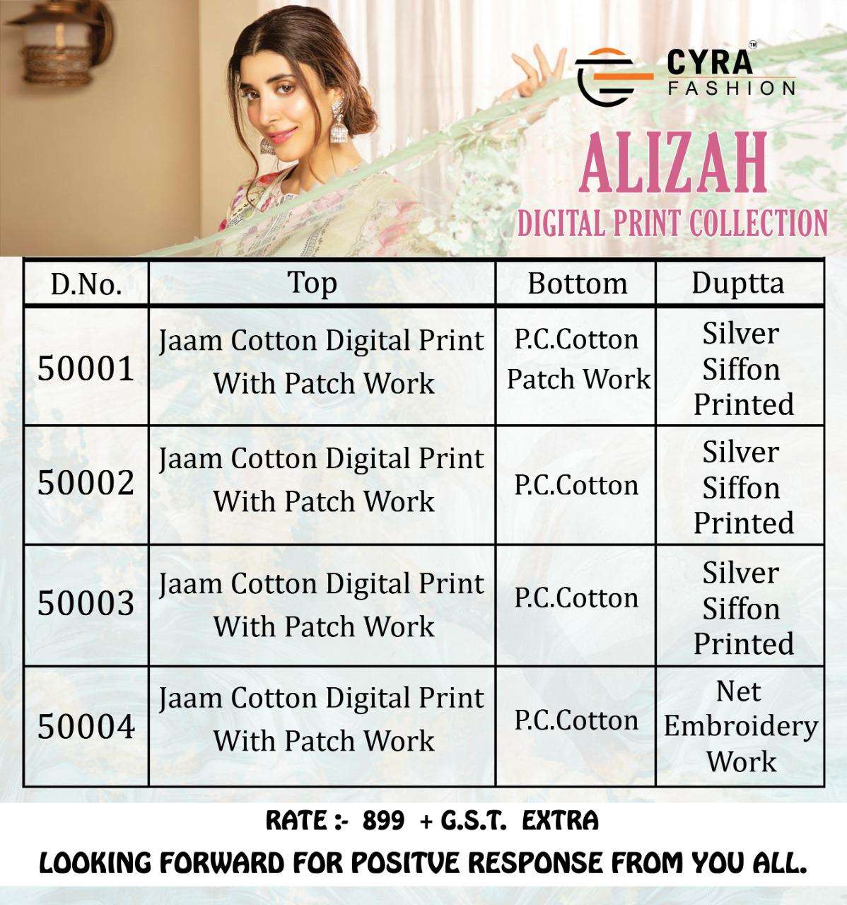 ALIZAH BY CYRA FASHION 50001 TO 50004 SERIES BEAUTIFUL PAKISTANI SUITS COLORFUL STYLISH FANCY CASUAL WEAR & ETHNIC WEAR JAM COTTON WITH PATCH EMBROIDERY DRESSES AT WHOLESALE PRICE