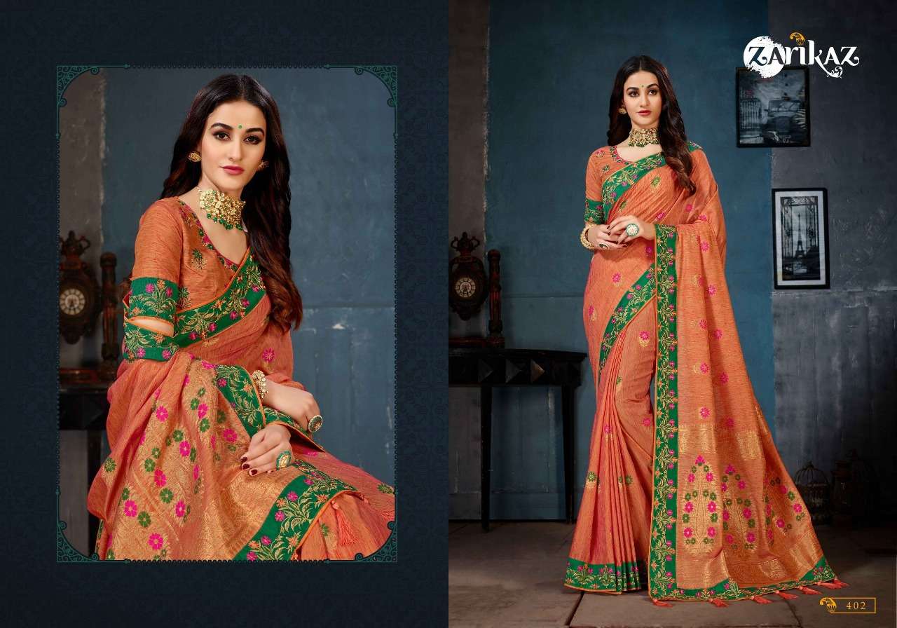 RAJVEE VOL-4 BY ZARIKAZ 401 TO 406 SERIES INDIAN TRADITIONAL WEAR COLLECTION BEAUTIFUL STYLISH FANCY COLORFUL PARTY WEAR & OCCASIONAL WEAR LINEN COTTON BANARASI SILK SAREES AT WHOLESALE PRICE